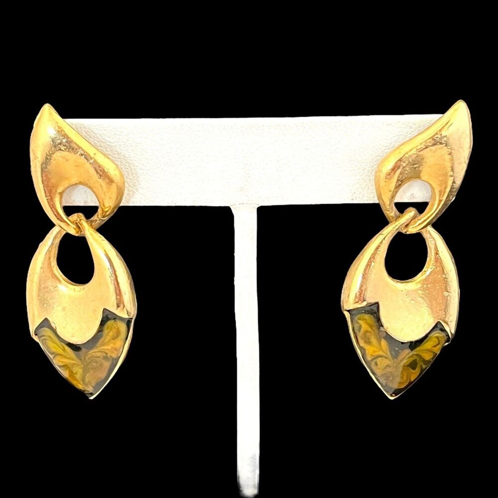 Vintage 1980s Knocker Earrings Shimmer Enamel Gold Tone Statement - 3H
